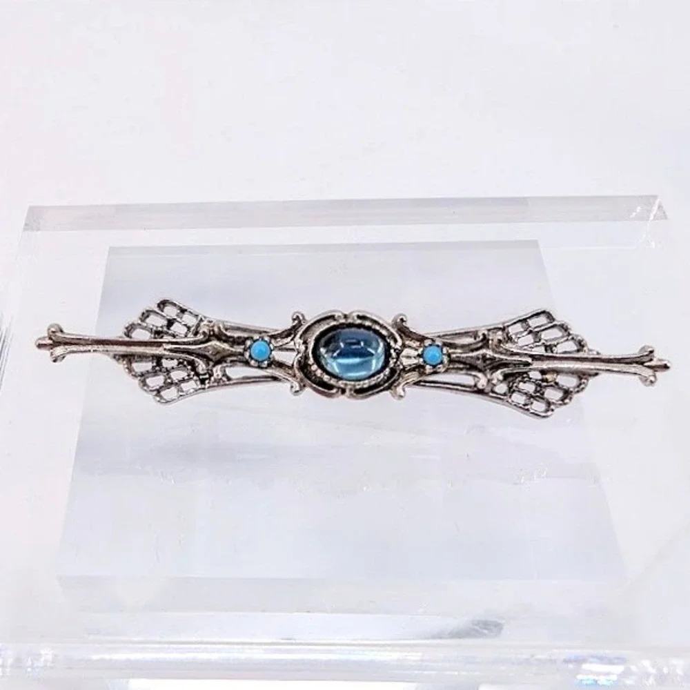 Vintage ART Filigree Bar Pin Blue Cabochon Brooch Silver Tone Victorian Revival